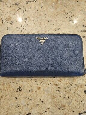 Prada Saffiano Leather Zip Wallet in Blue with Gold Hardware